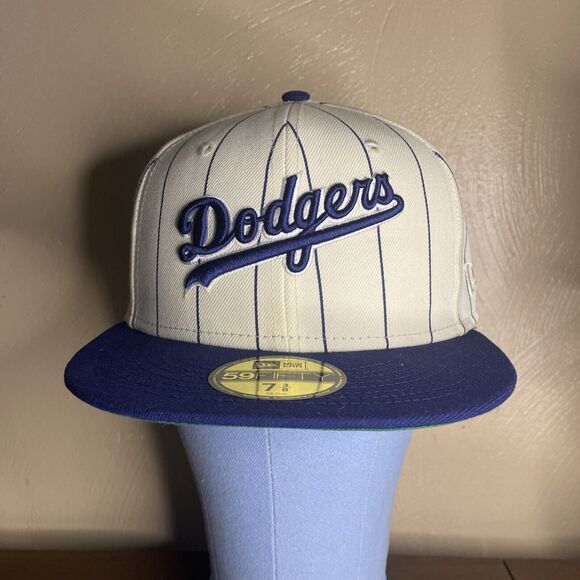 Los Angeles Dodgers New Era 59FIFTY Off White Pinstripe Script Hat Cap 7 3/8 - Picture 2 of 10